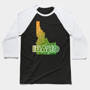 Colorful mandala art map of Idaho with text in green and orange Baseball T-Shirt